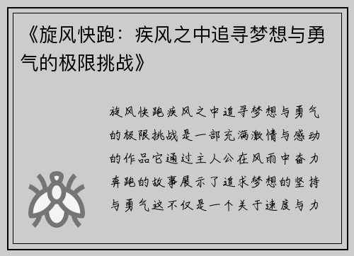 《旋风快跑：疾风之中追寻梦想与勇气的极限挑战》